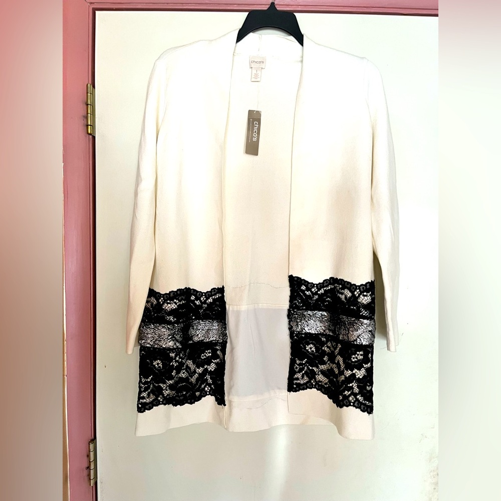 NWT Chicos Lace Drama Womens Long Sleeve Cardigan Sweater Size Medium/Chico’s 1